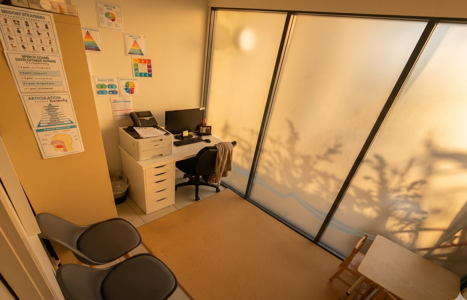 The Focus practice room: a desk and chairs with sensory-strategies and articulation posters on the wall, soft window light through a frosted sliding door.
