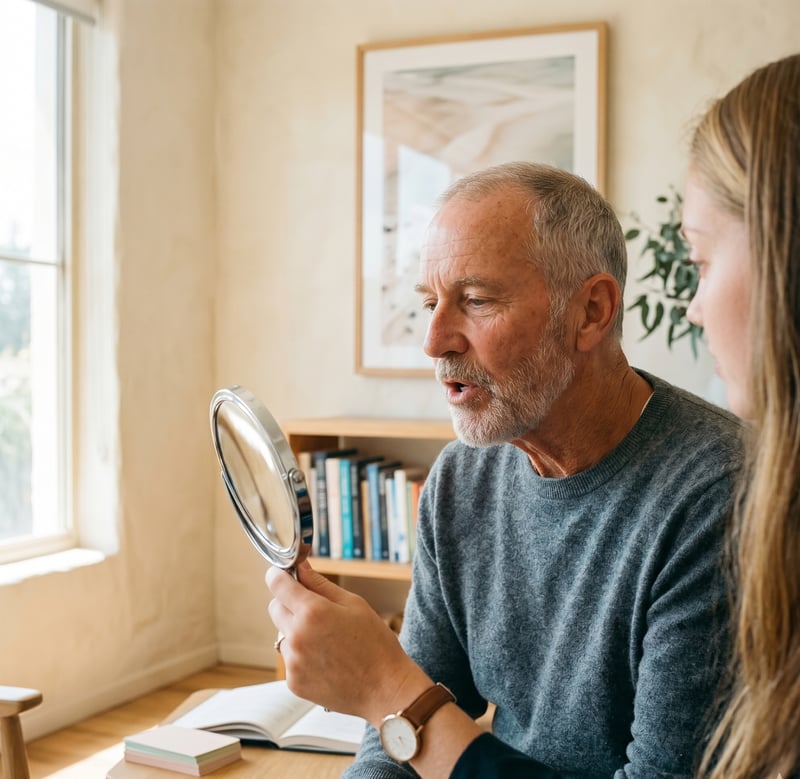 An older man, mid-articulation, watching his mouth shape in a small handheld mirror held by a speech pathologist seated beside him.