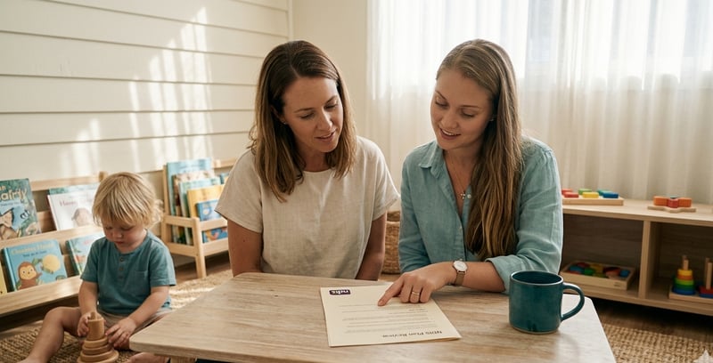 A speech pathologist and an adult client across a timber table, working through a printed therapy plan together. A deep-teal mug sits beside them.