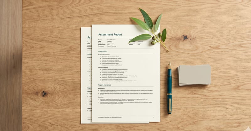 An overhead view of an assessment report on a timber desk, accompanied by a fountain pen, a small stack of business cards, and a sprig of eucalypt.