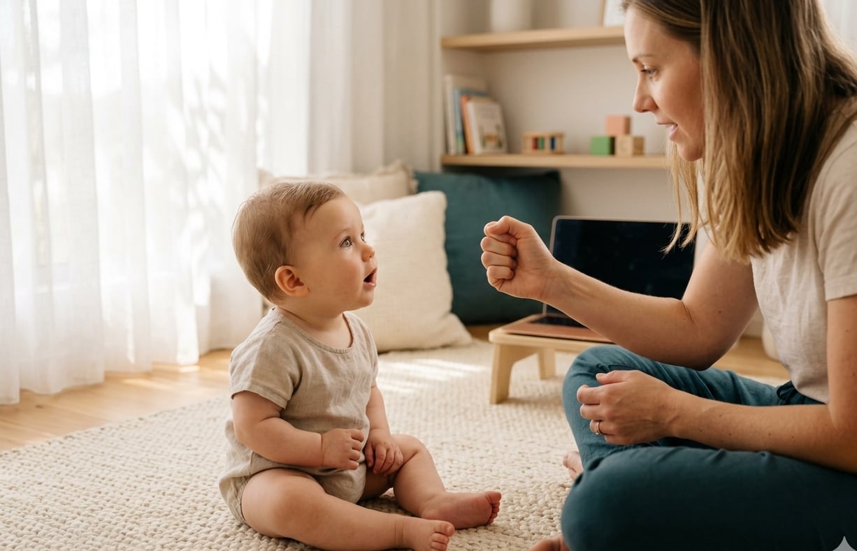 A baby looking at a touch-and-feel picture book held open by an adult, with small percussion instruments in the background.