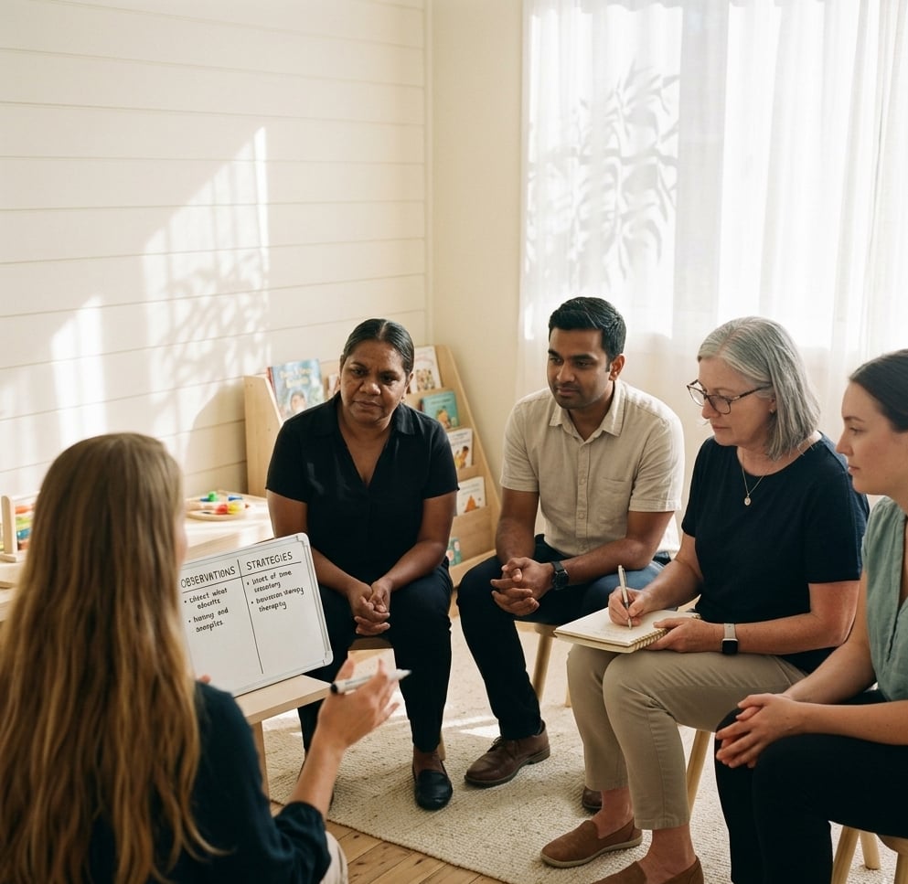 An adult educator seated at the front of a circle of school children, leading a group discussion.